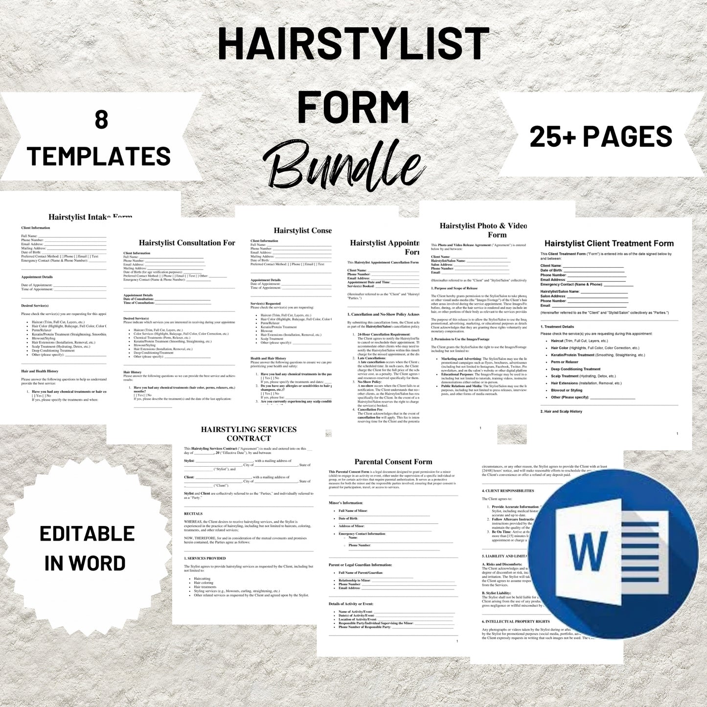 Hairstylist Client Forms Bundle Editable Hair Stylist Consent Form Printable Hairstylist Intake Form Hairstylist  Consultation Contract