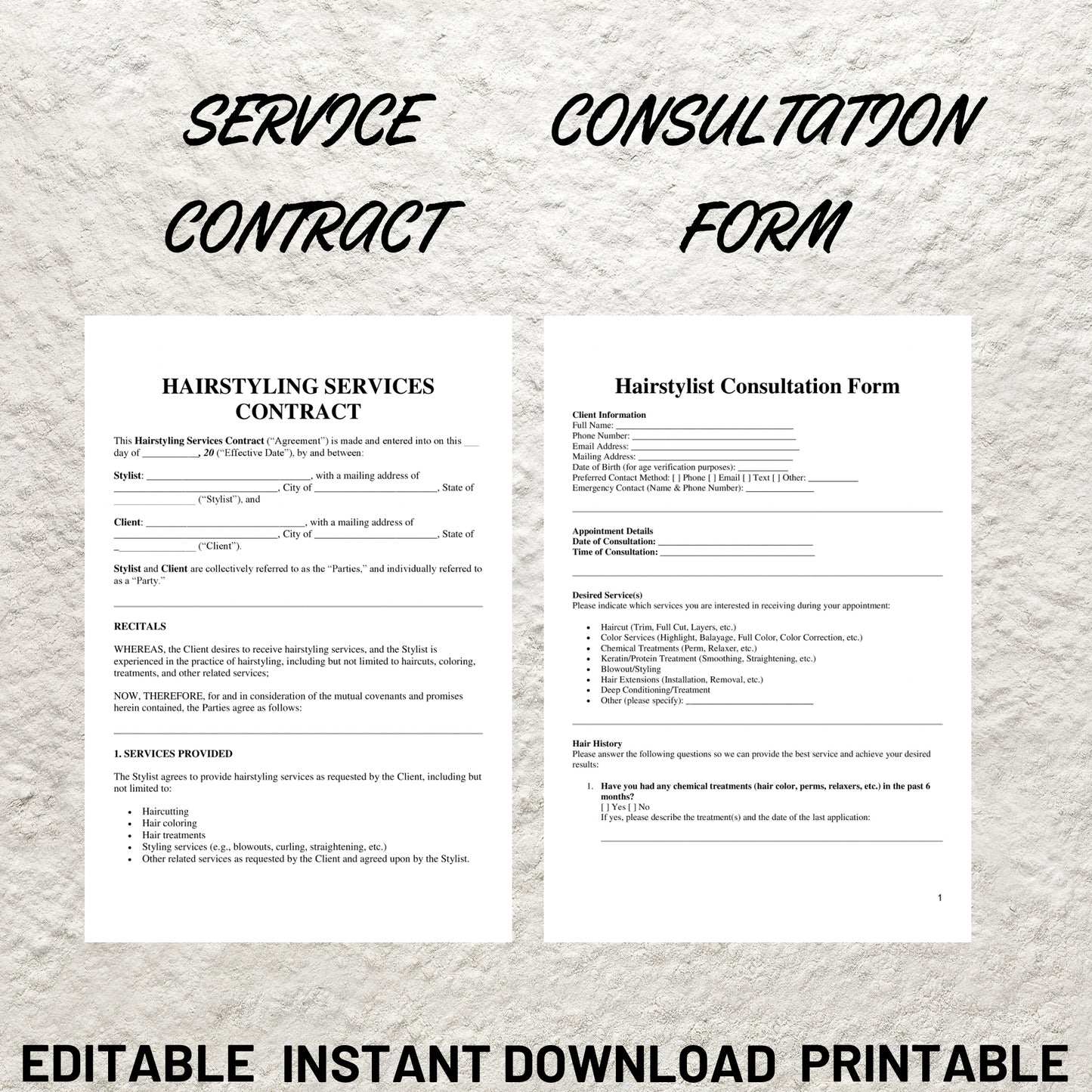 Hairstylist Client Forms Bundle Editable Hair Stylist Consent Form Printable Hairstylist Intake Form Hairstylist  Consultation Contract