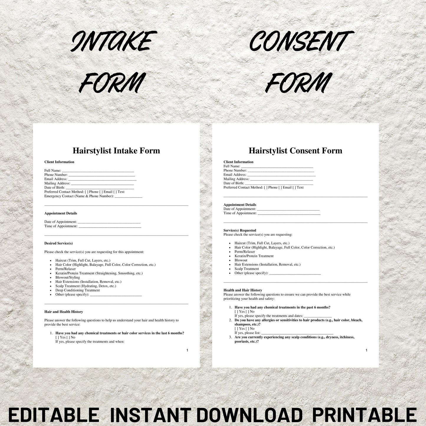 Hairstylist Client Forms Bundle Editable Hair Stylist Consent Form Printable Hairstylist Intake Form Hairstylist  Consultation Contract