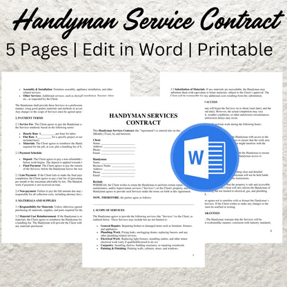 Handyman Contract Template Editable Handyman Service Agreement Printable Professional Handyman Service Contract Home Small Jobs Contract