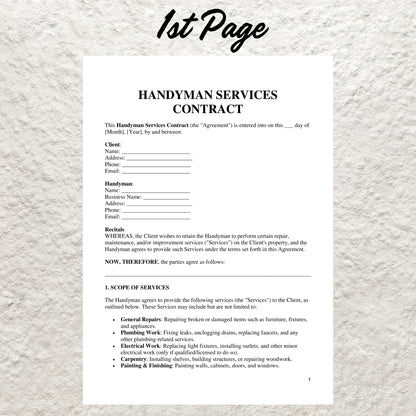 Handyman Contract Template Editable Handyman Service Agreement Printable Professional Handyman Service Contract Home Small Jobs Contract