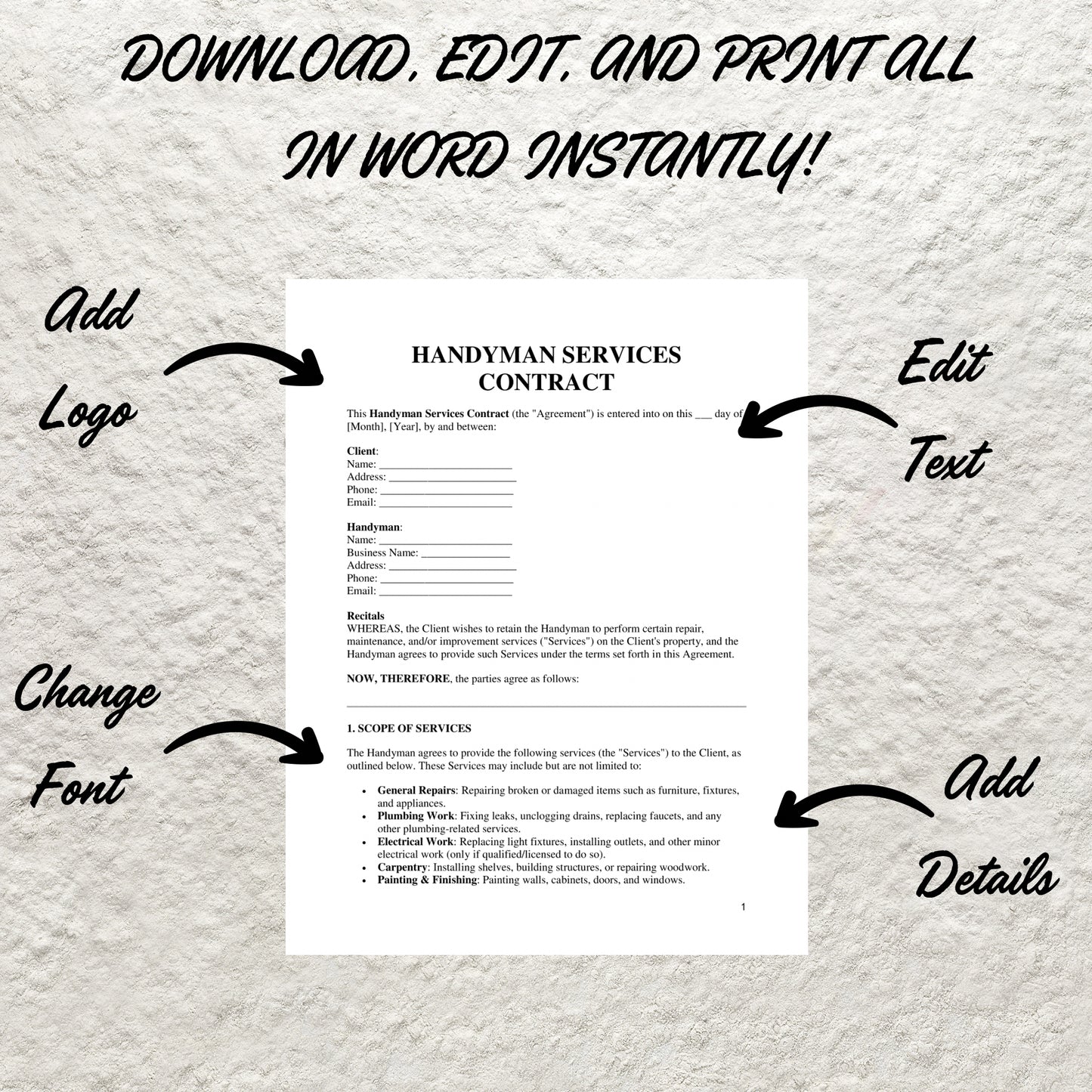 Handyman Contract Template Editable Handyman Service Agreement Printable Professional Handyman Service Contract Home Small Jobs Contract