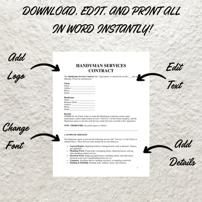 Handyman Contract Template Editable Handyman Service Agreement Printable Professional Handyman Service Contract Home Small Jobs Contract