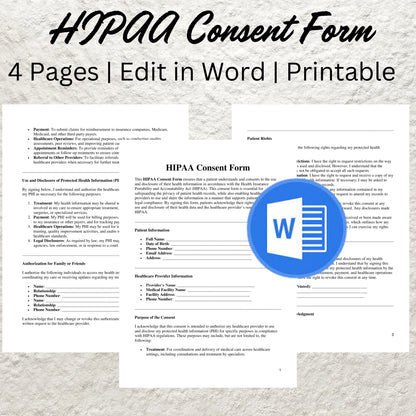 HIPAA Consent Form Template Editable HIPAA Compliance Patient Consent Form Printable Medical Consent New Patient Form Medical Office Form