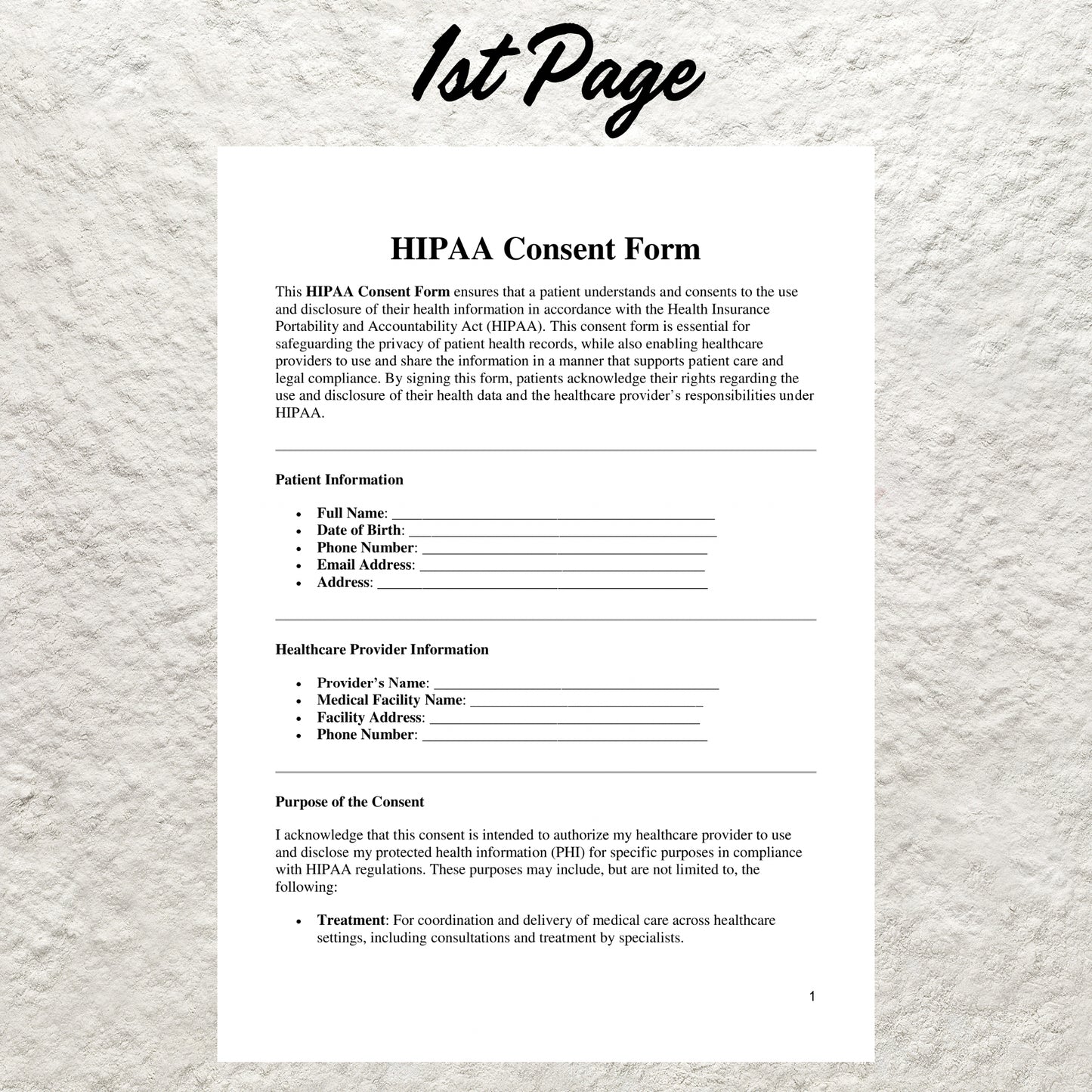 HIPAA Consent Form Template Editable HIPAA Compliance Patient Consent Form Printable Medical Consent New Patient Form Medical Office Form