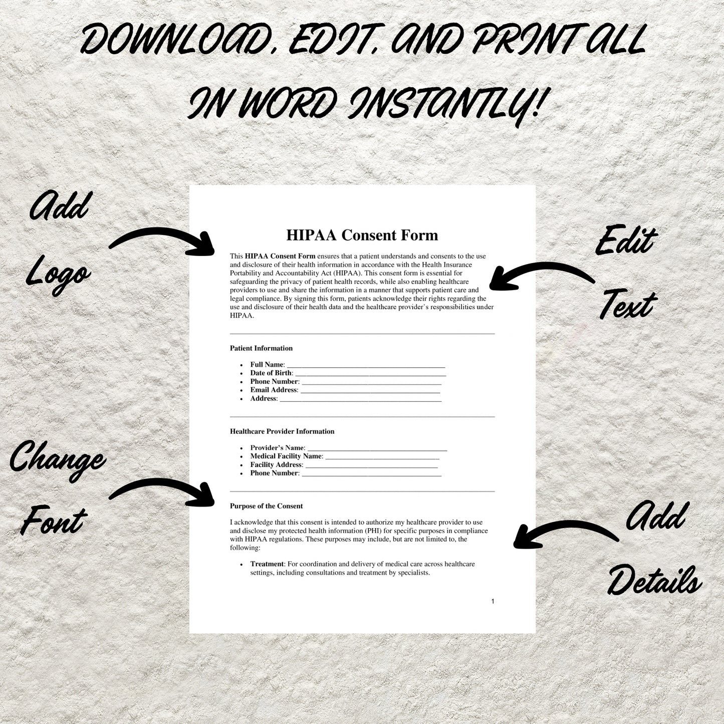 HIPAA Consent Form Template Editable HIPAA Compliance Patient Consent Form Printable Medical Consent New Patient Form Medical Office Form