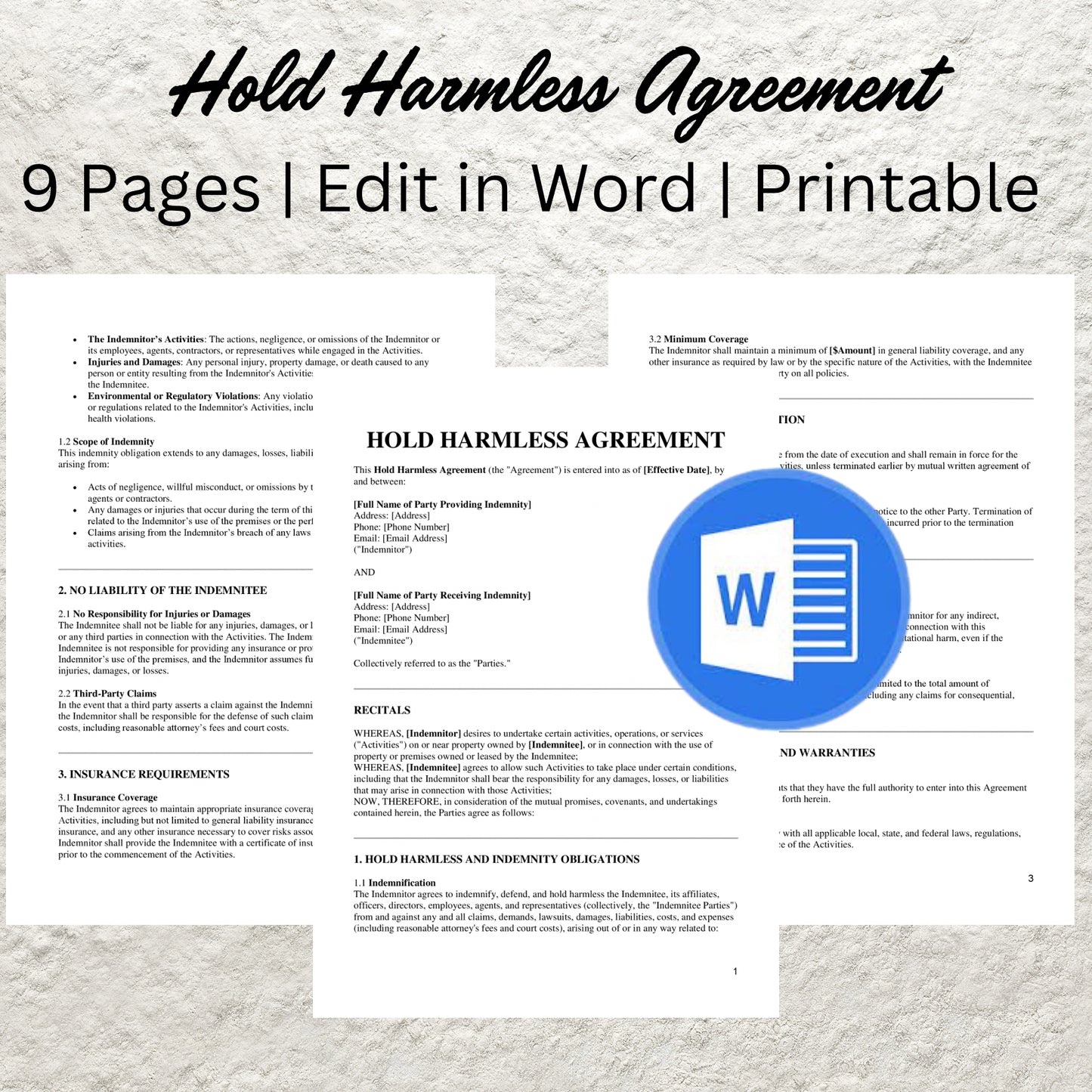 Hold Harmless Agreement Template Editable Hold Harmless Indemnity Contract Printable Release of Liability Protection Agreement Waiver Form