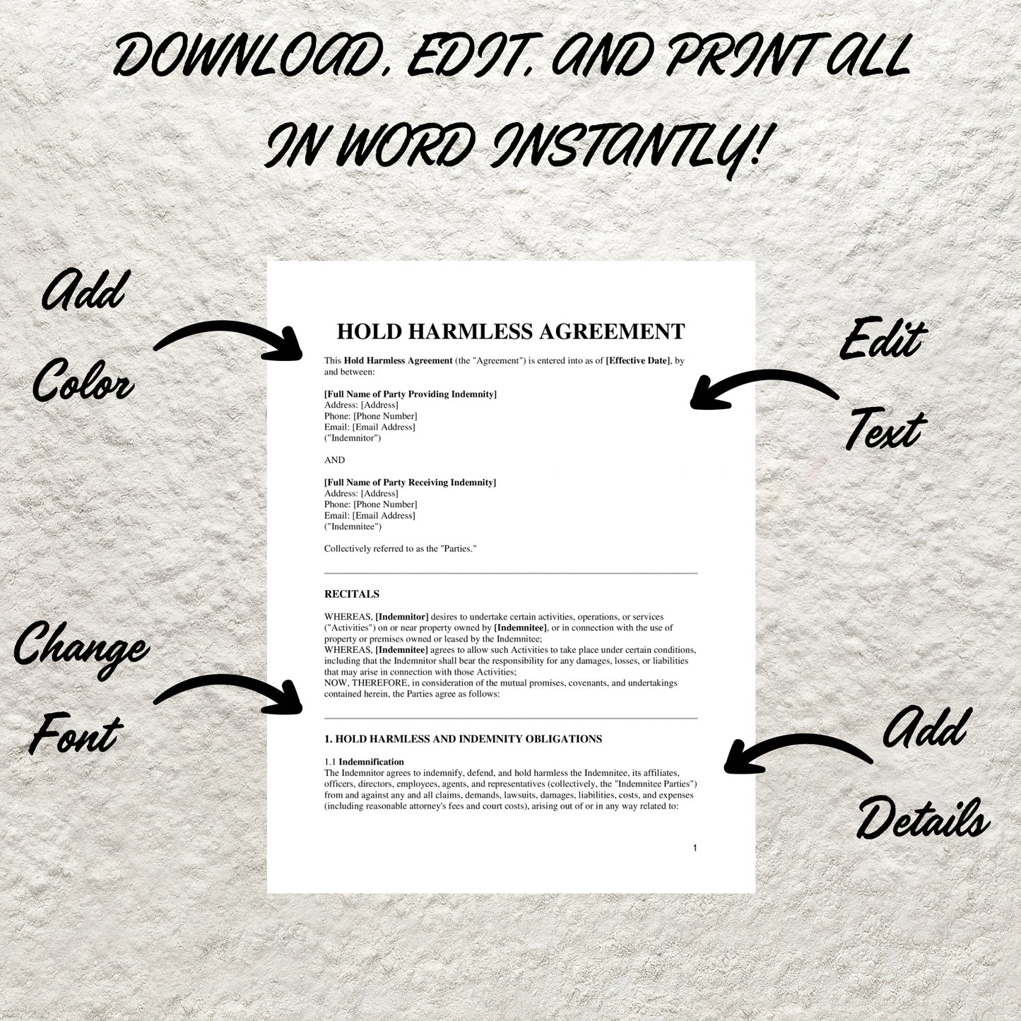 Hold Harmless Agreement Template Editable Hold Harmless Indemnity Contract Printable Release of Liability Protection Agreement Waiver Form