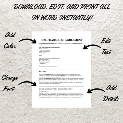 Hold Harmless Agreement Template Editable Hold Harmless Indemnity Contract Printable Release of Liability Protection Agreement Waiver Form