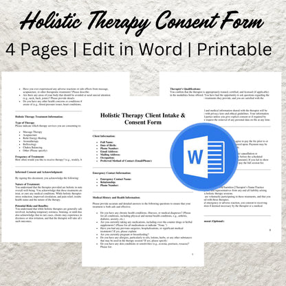 Holistic Therapy Client Intake Form Template Editable Holistic Therapy Consent Form Holistic Therapy Consultation Forms Medical Intake Form