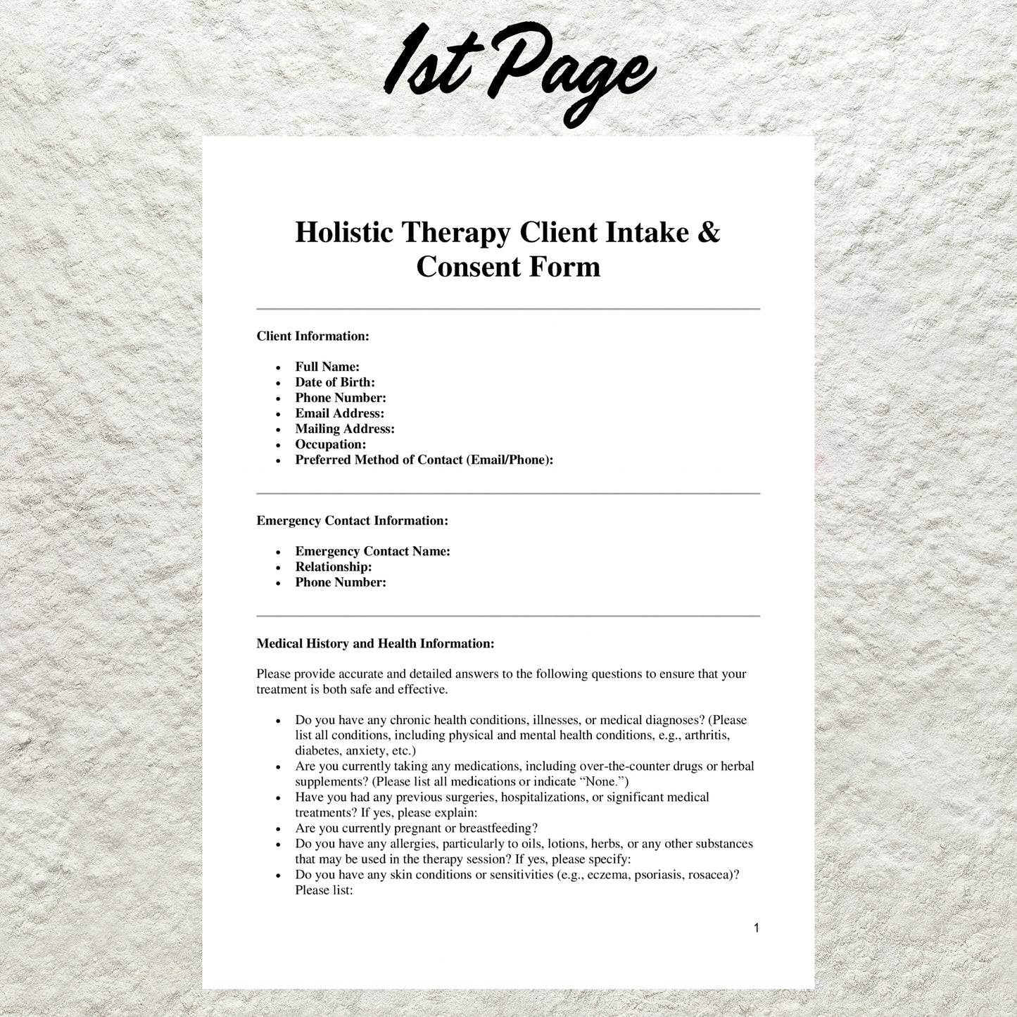 Holistic Therapy Client Intake Form Template Editable Holistic Therapy Consent Form Holistic Therapy Consultation Forms Medical Intake Form