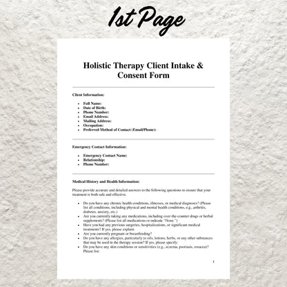 Holistic Therapy Client Intake Form Template Editable Holistic Therapy Consent Form Holistic Therapy Consultation Forms Medical Intake Form