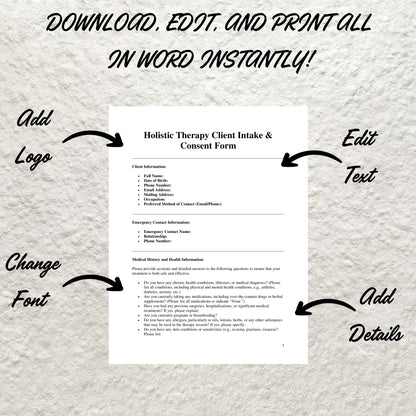 Holistic Therapy Client Intake Form Template Editable Holistic Therapy Consent Form Holistic Therapy Consultation Forms Medical Intake Form