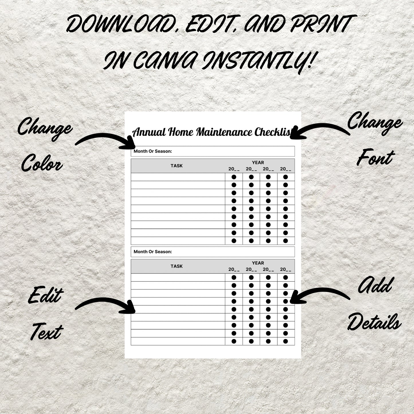 Home Maintenance Checklist Printable Editable Annual Home Maintenance Checklist Household Cleaning Schedule Chore List Management