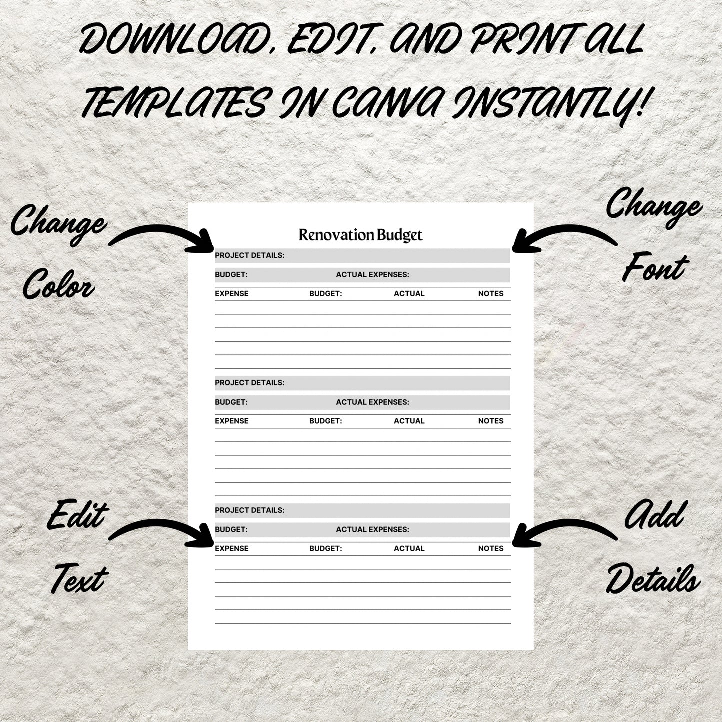 Home Renovation Planner Printable Home Improvement DIY Project Planner Editable House Renovation Checklist Interior Design Renovation Budget