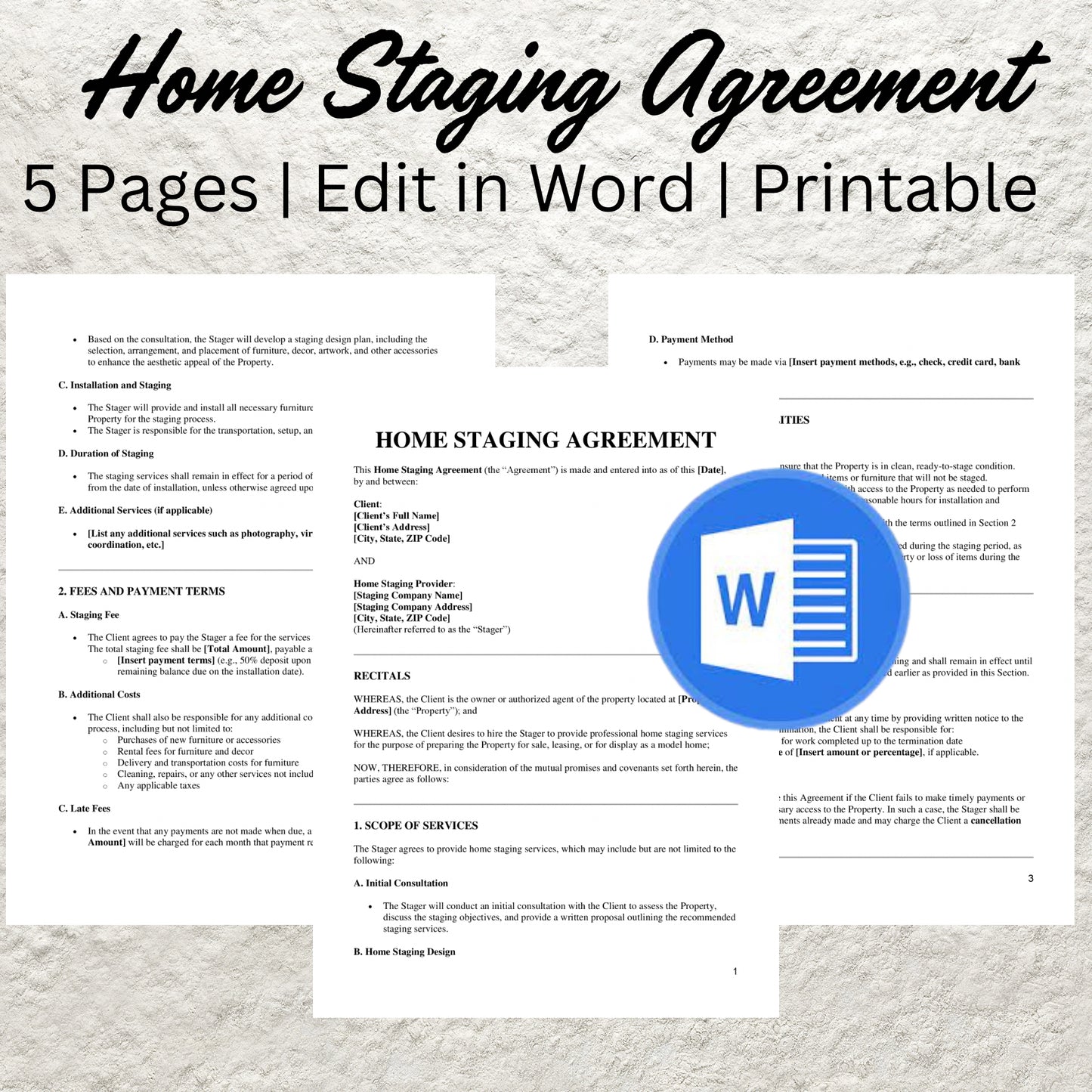 Home Staging Agreement Template Editable Home Staging Contract Printable Home Staging Service Agreement Property Staging Contract Form