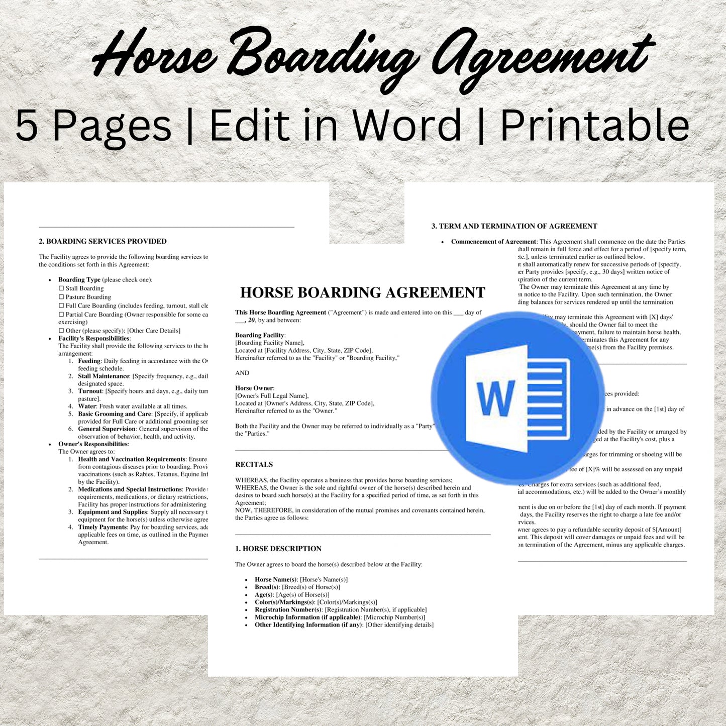 Horse Boarding Contract Template Editable Horse Care Boarding Agreement Form Printable Equine Boarding Agreement Equestrian Business Forms