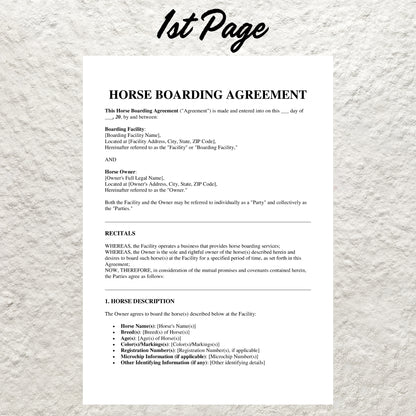 Horse Boarding Contract Template Editable Horse Care Boarding Agreement Form Printable Equine Boarding Agreement Equestrian Business Forms