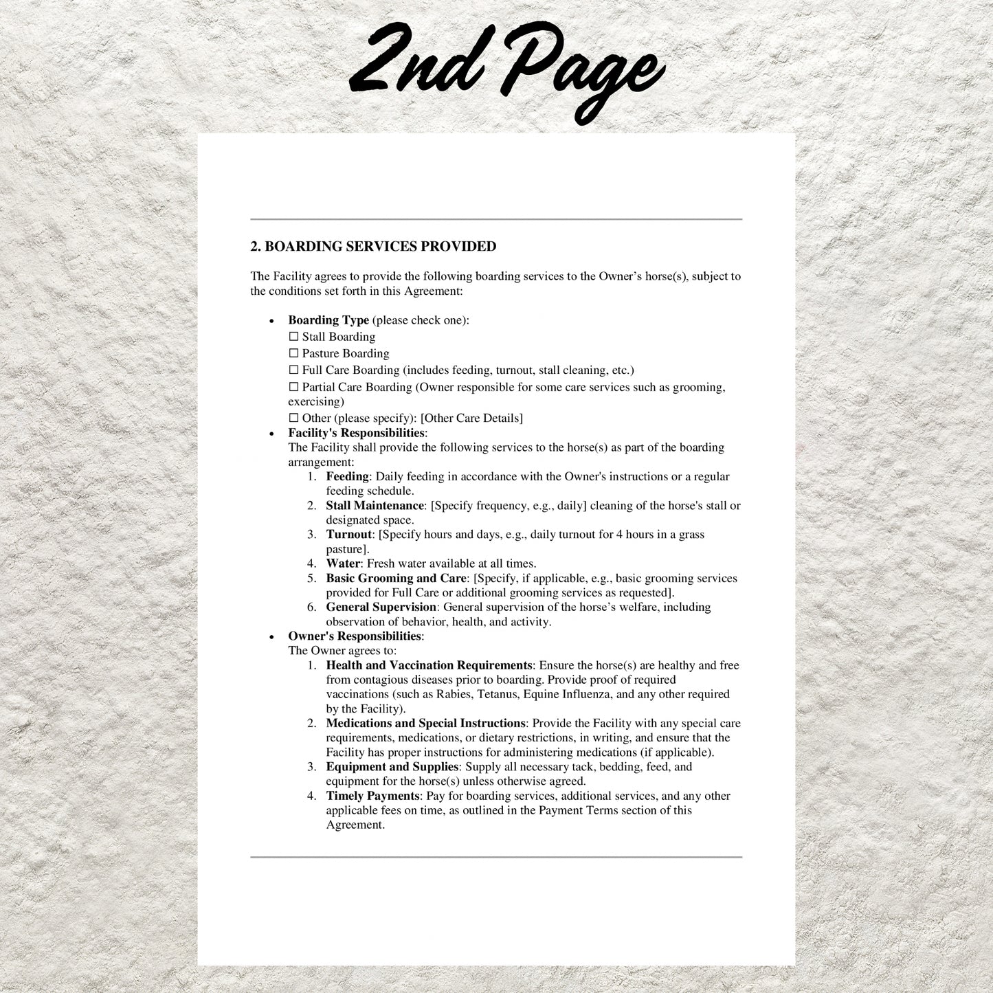 Horse Boarding Contract Template Editable Horse Care Boarding Agreement Form Printable Equine Boarding Agreement Equestrian Business Forms