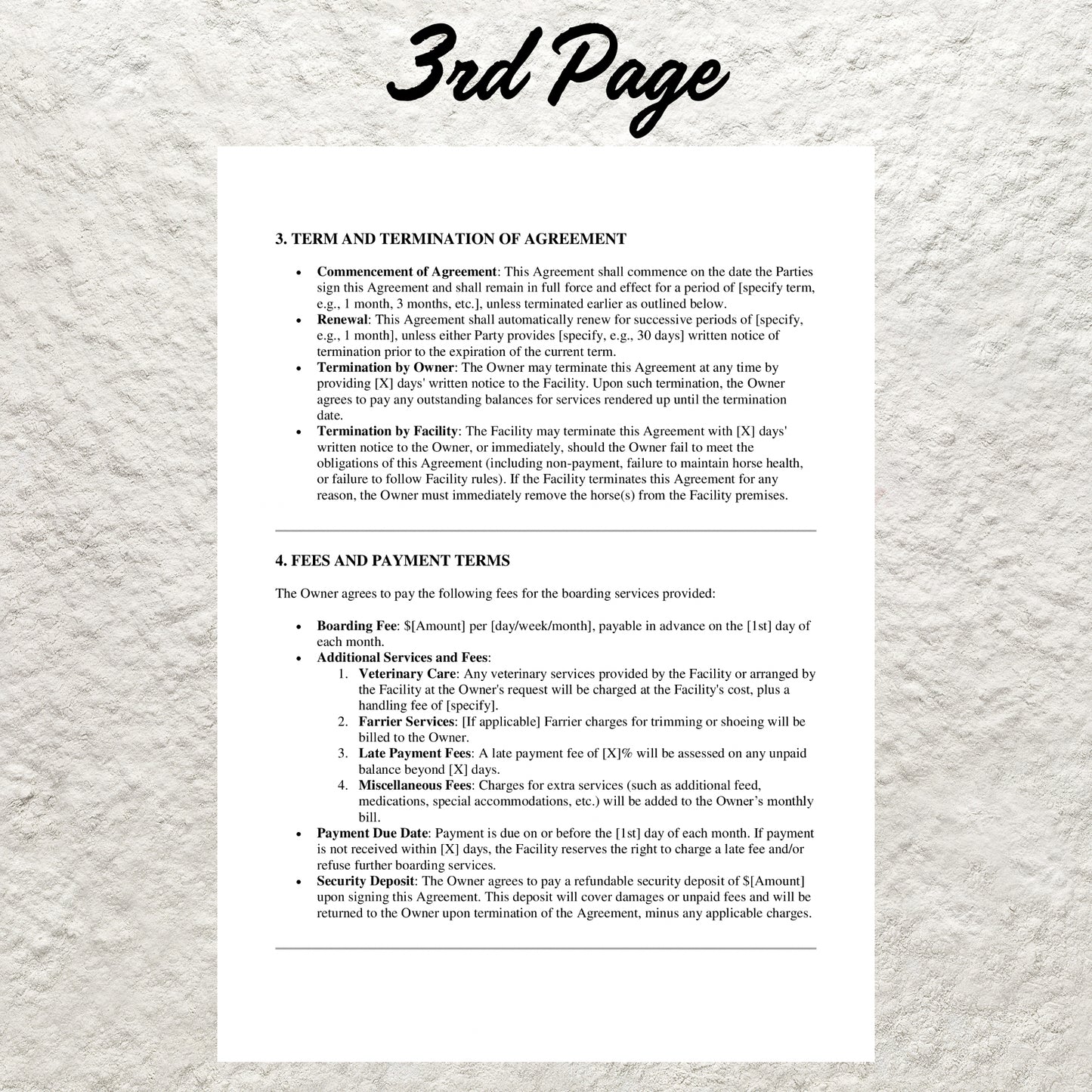 Horse Boarding Contract Template Editable Horse Care Boarding Agreement Form Printable Equine Boarding Agreement Equestrian Business Forms