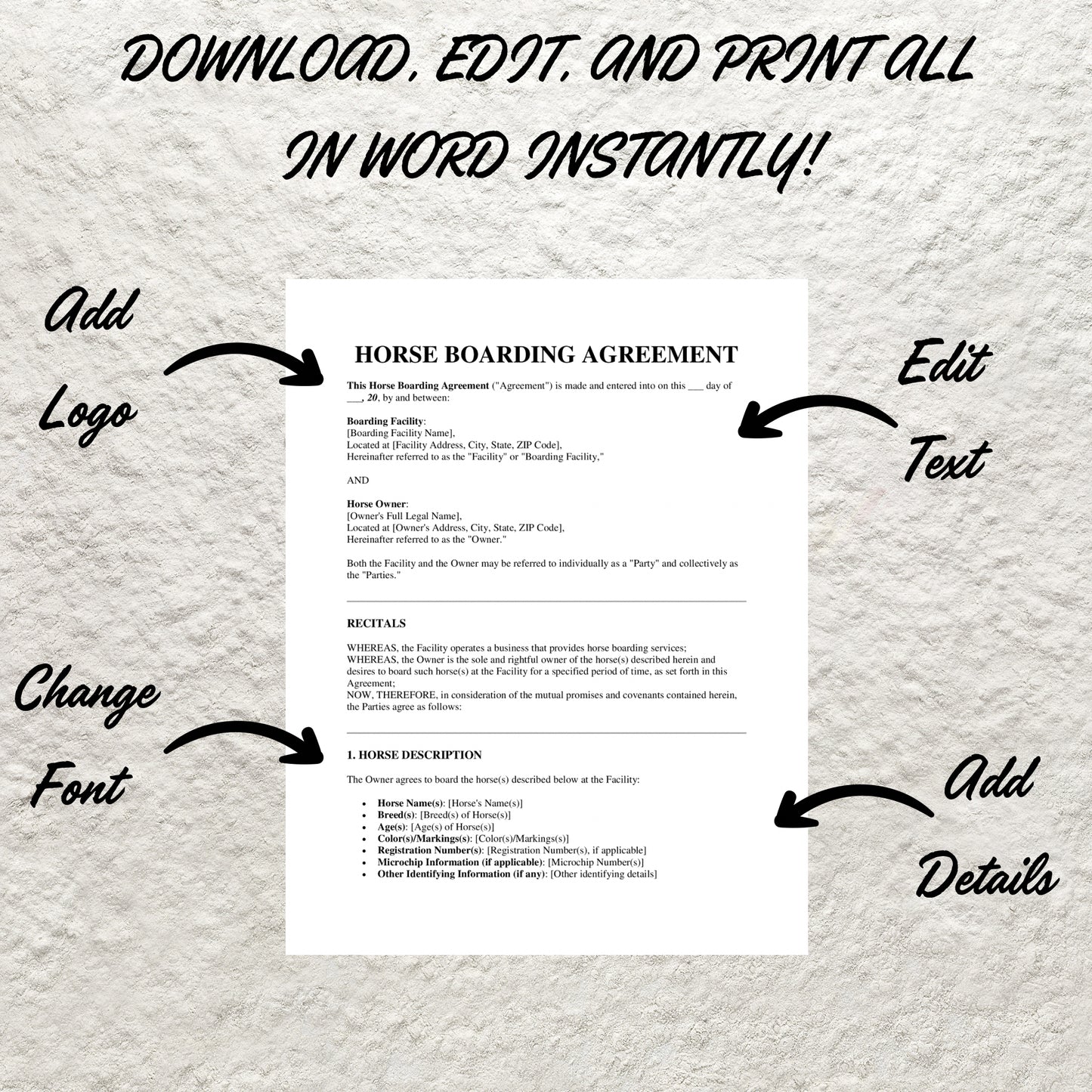 Horse Boarding Contract Template Editable Horse Care Boarding Agreement Form Printable Equine Boarding Agreement Equestrian Business Forms