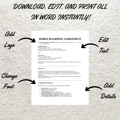 Horse Boarding Contract Template Editable Horse Care Boarding Agreement Form Printable Equine Boarding Agreement Equestrian Business Forms