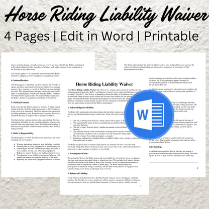 Horse Riding Liability Waiver Template Editable Equine Liability Waiver Printable Horse Riding Rental Consent Form Riding School Waiver