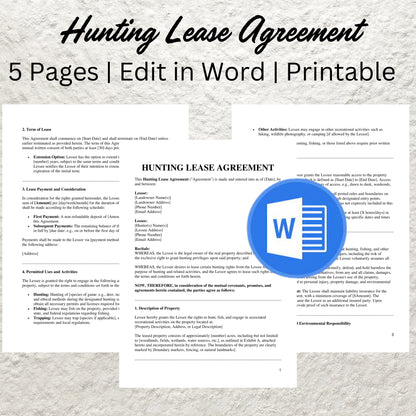 Hunting Lease Agreement Template Editable Hunting Land Lease Agreement Printable Hunting Contract for Hunters and Land Owners Hunting Lease