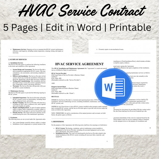 HVAC Service Contract Template Editable HVAC Installation Service Agreement Form Printable HVAC Maintenance Service Agreement Contract Form