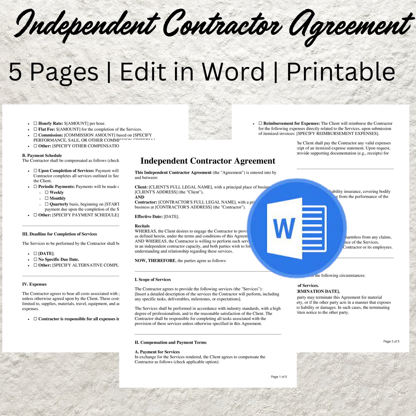 Independent Contractor Contract Agreement Template Editable Freelance Contractor Agreement Printable Freelancer Business Work Term Forms