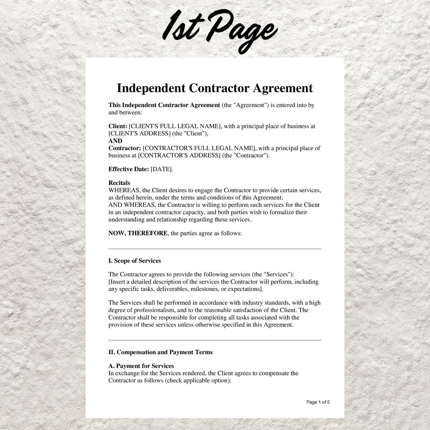 Independent Contractor Contract Agreement Template Editable Freelance Contractor Agreement Printable Freelancer Business Work Term Forms