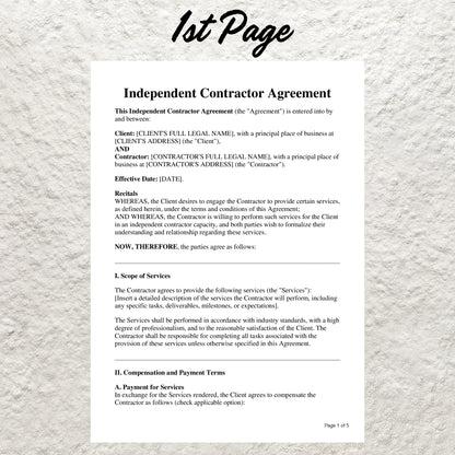 Independent Contractor Contract Agreement Template Editable Freelance Contractor Agreement Printable Freelancer Business Work Term Forms