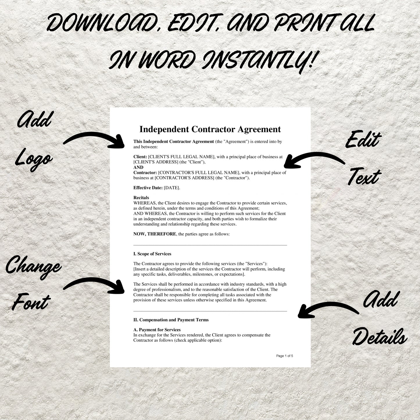 Independent Contractor Contract Agreement Template Editable Freelance Contractor Agreement Printable Freelancer Business Work Term Forms