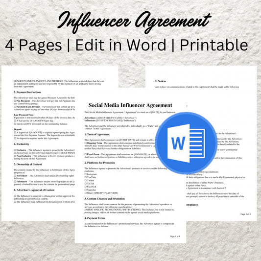 Influencer Agreement Template Editable Influencer Contract Printable Influencer Brand Ambassador Agreement Social Media Influencer Contract