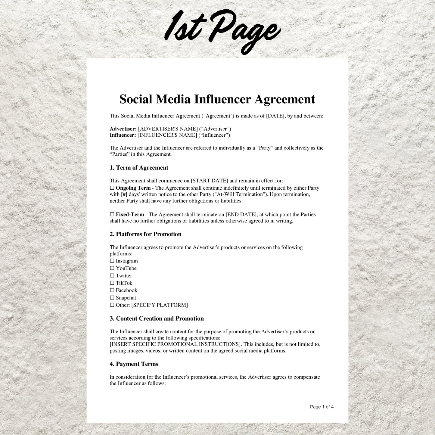 Influencer Agreement Template Editable Influencer Contract Printable Influencer Brand Ambassador Agreement Social Media Influencer Contract