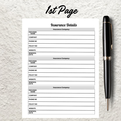 Insurance Details Information Tracker Planner Printable Insurance Policy Provider Tracker Template Health Personal Life Insurance Contacts