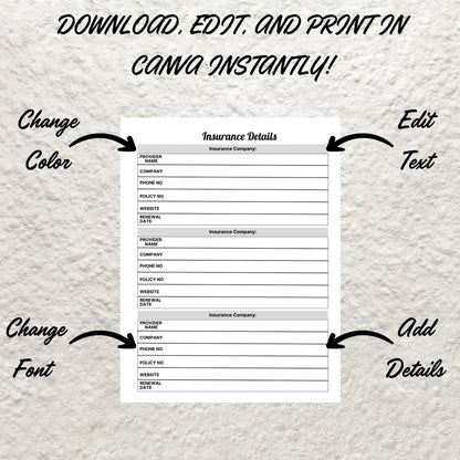 Insurance Details Information Tracker Planner Printable Insurance Policy Provider Tracker Template Health Personal Life Insurance Contacts
