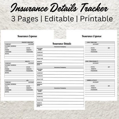 Insurance Details Information Tracker Planner Printable Insurance Policy Provider Tracker Template Health Personal Life Insurance Contacts