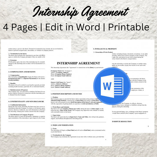 Internship Agreement Template Editable Student Intern Agreement Printable Employment Contract Standard Internship Agreement HR Intern Form