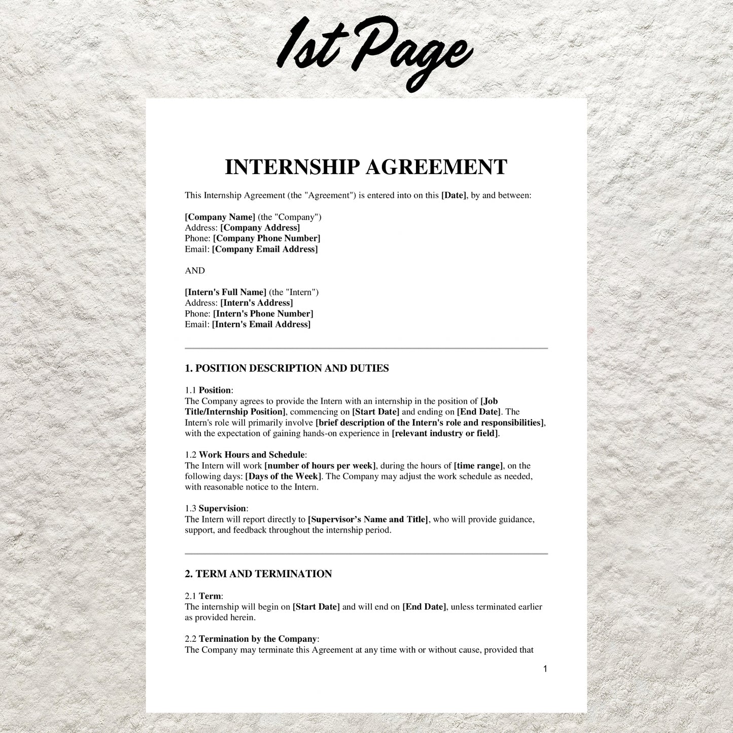 Internship Agreement Template Editable Student Intern Agreement Printable Employment Contract Standard Internship Agreement HR Intern Form