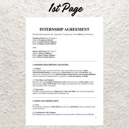 Internship Agreement Template Editable Student Intern Agreement Printable Employment Contract Standard Internship Agreement HR Intern Form