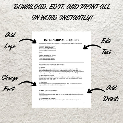 Internship Agreement Template Editable Student Intern Agreement Printable Employment Contract Standard Internship Agreement HR Intern Form