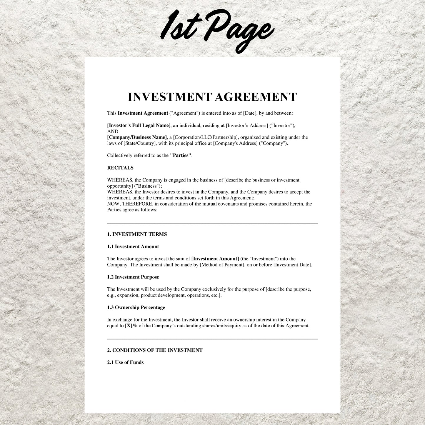 Investment Contract Template Editable Investor Agreement Form Printable Financial Investing Agreement  Professional Investing Contract