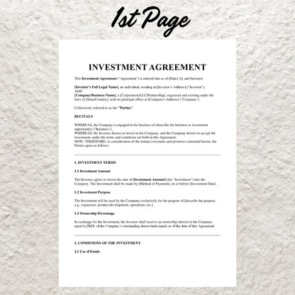 Investment Contract Template Editable Investor Agreement Form Printable Financial Investing Agreement  Professional Investing Contract