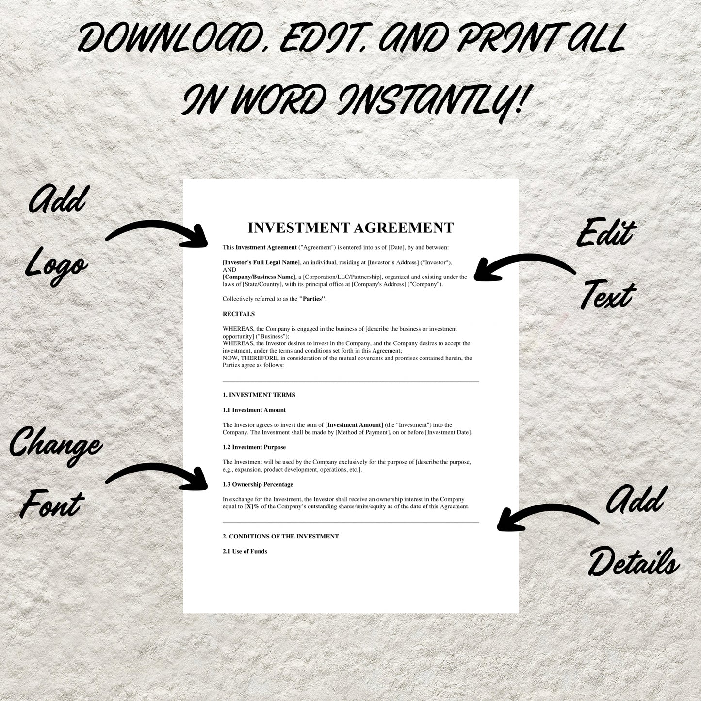 Investment Contract Template Editable Investor Agreement Form Printable Financial Investing Agreement  Professional Investing Contract