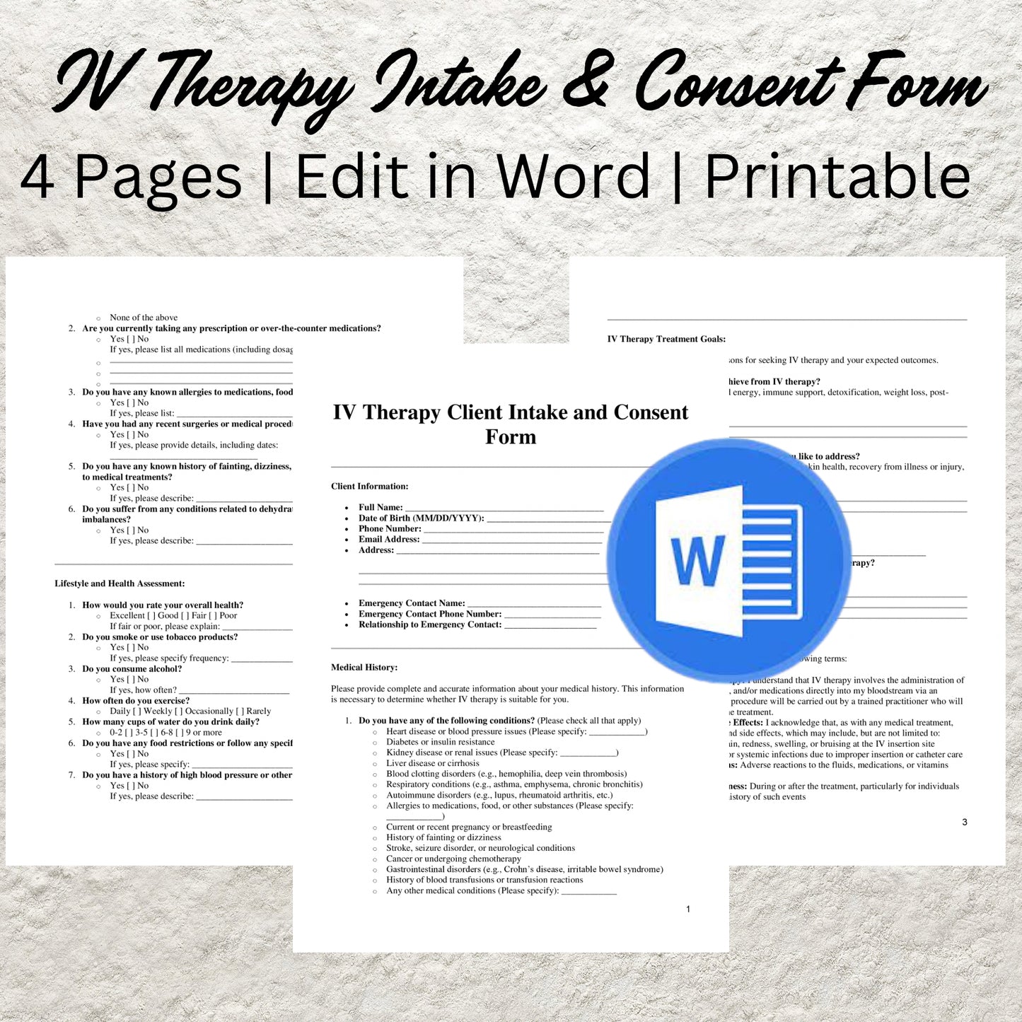 IV Therapy Consent Form Template Editable Intravenous Therapy Client Intake Form Printable IV Therapy Consultation Form IV Drip Consent Form