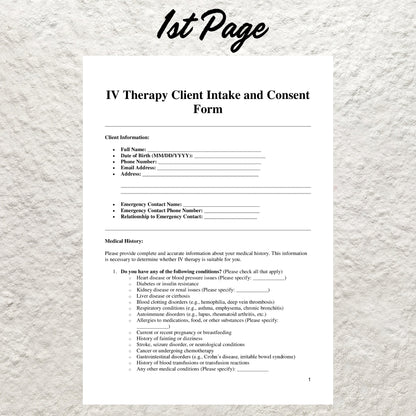 IV Therapy Consent Form Template Editable Intravenous Therapy Client Intake Form Printable IV Therapy Consultation Form IV Drip Consent Form