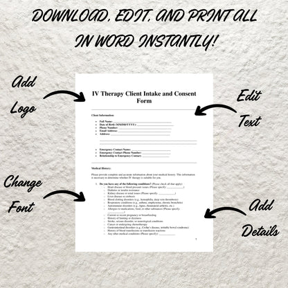 IV Therapy Consent Form Template Editable Intravenous Therapy Client Intake Form Printable IV Therapy Consultation Form IV Drip Consent Form