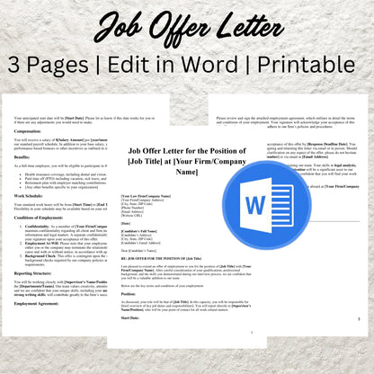 Job Offer Letter Template Editable Employment Offer Letter Printable Offer of Employment Letter Employment Contract Employment Job Offer