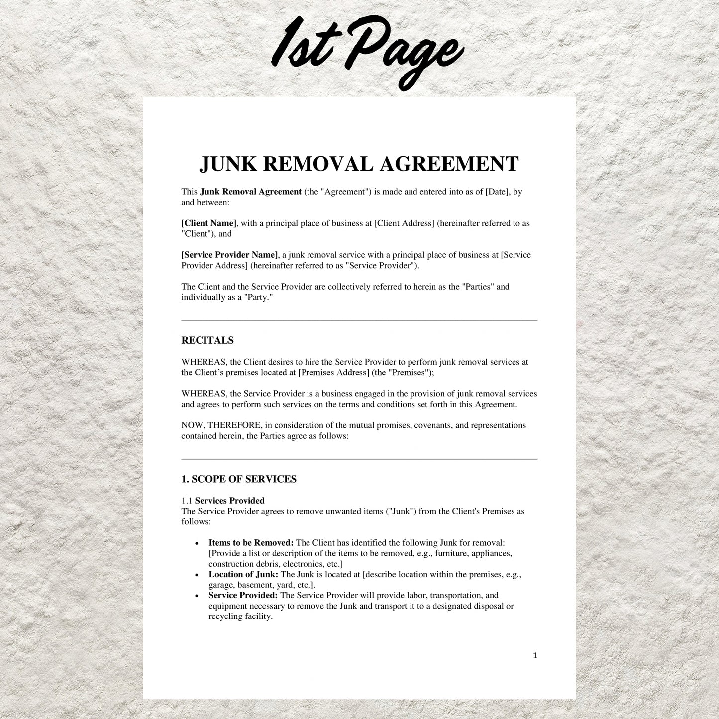 Junk Removal Contract Template Editable Junk Removal Service Agreement Printable Professional Junk Removal Contract Form Template